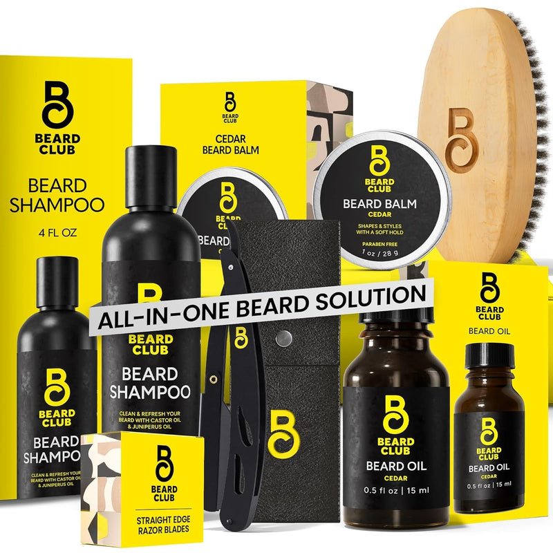 The Beard Club Beard Care Kit & Mens Grooming Kit - Essentials for a Healthier Looking, Stylish Facial Hair - Straight Edge Razor, Shampoo, Cedar