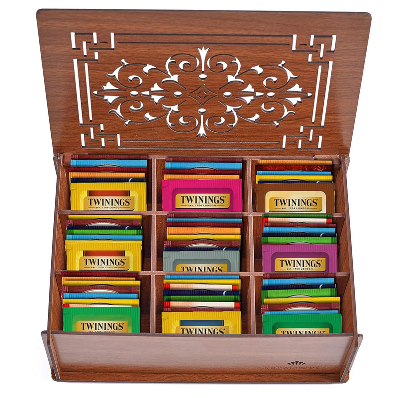 Twinings Tea Bag Sampler Variety with Brown Wooden Organizer (60 Tea Bags) 40 Different Flavors, Gift for Tea Lovers: Women, Men, Mom, Dad,
