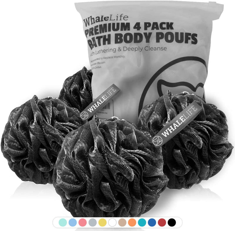 WhaleLife Bath Loofah Sponge for Shower - Body Scrubber 4-Pack Black Modern; Minimalist; Matte; Solid Black