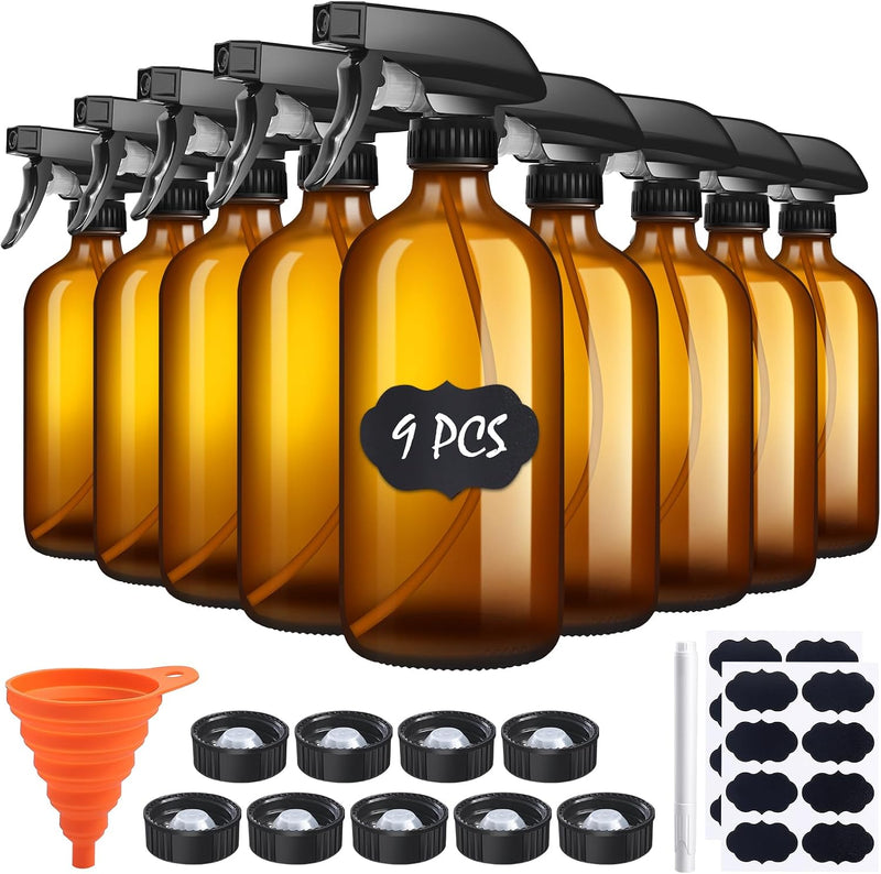 sietpoek 9 Pack Glass Spray Bottle 16oz, Empty Amber Spray Bottle Refillable Container for Essential Oils,Cleaning Products,Aromatherapy spray device