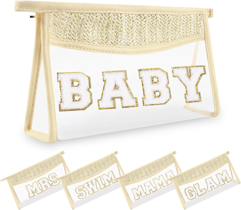 Small Boho Straw Clear Baby Makeup Bags for Women&Girls, Zipper Cosmetic Bag Chenille Varsity Letter Patch Bag, Preppy Cute Toiletry Pouch, Trendy