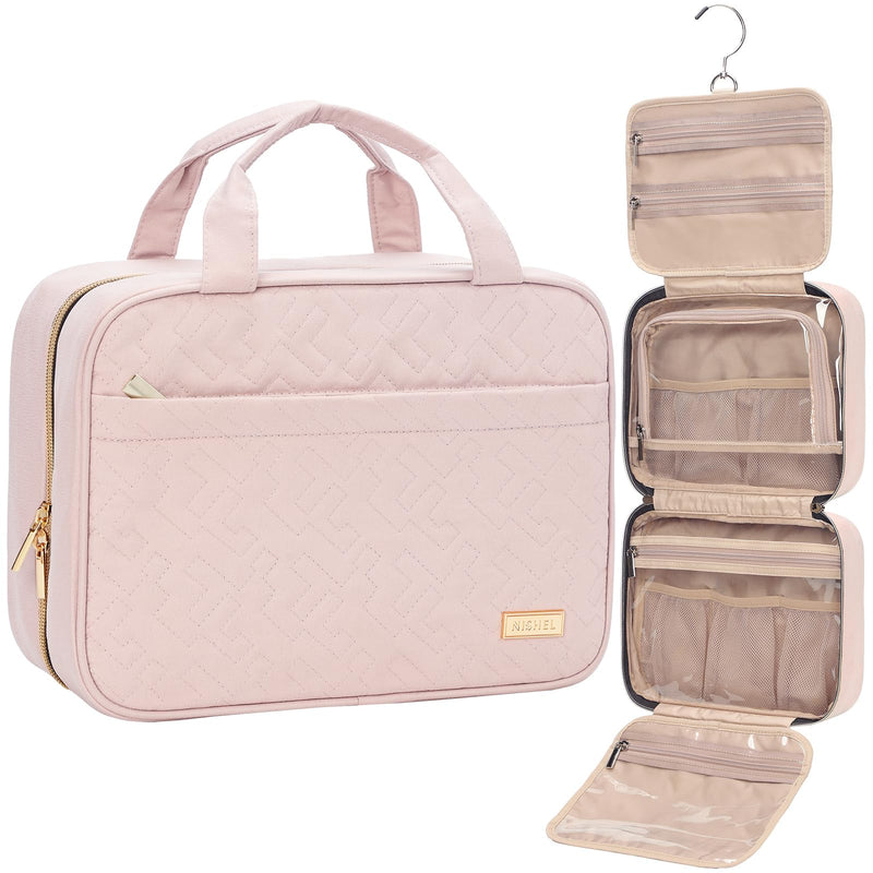 NISHEL Travel Toiletry Bag for Women, Portable Hanging Organizer for Travel-Sized Shampoo, Conditioner, Brushes Set, Makeup Accessories, Medium