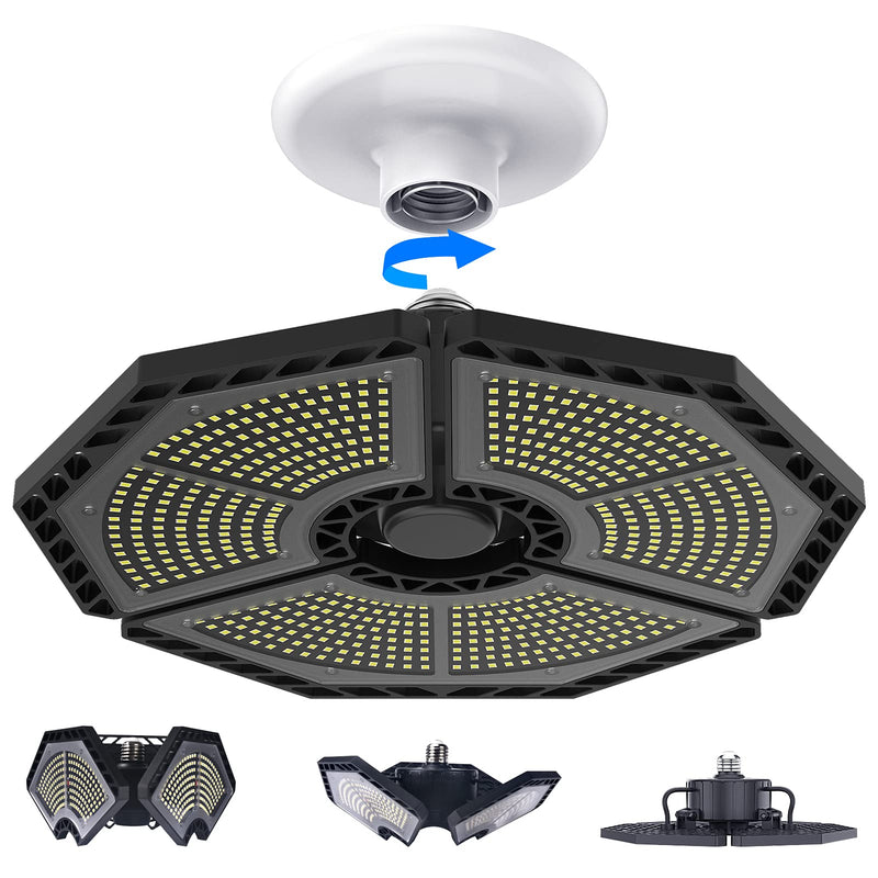 KERNOWO LED Garage Lights, 140W 18500 Lumens Garage Ceiling Lighting, 6000K Daylight with Deformable Three Panels Light Fixture E26/E27 Triple