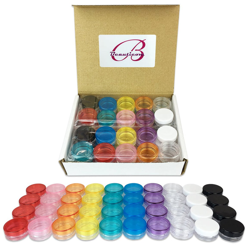 Beauticom 40 Pieces 3G/3ML Empty Clear Container Jars with MultiColor Lids for Powder Makeup, Cream, Lotion, Lip Balm/Gloss, Cosmetic Samples