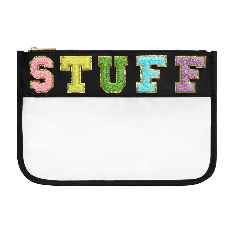 DYSHAYEN Chenille Letter Clear Zipper Pouch for Travel,Nylon Clear Cosmetic Bag,Makeup Travel Bag for Women Girls 11.8 Inches x 8.2 Inches Black-Stuff