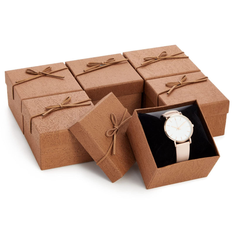Juvale Bracelet Gift Box 6-Pack - 3.5 x 3.5 x 2.3 in, Brown Country-Rustic Cardboard - Velvet Pillow & Faux Leather Bow Lid - Tiny Jewelry Gift