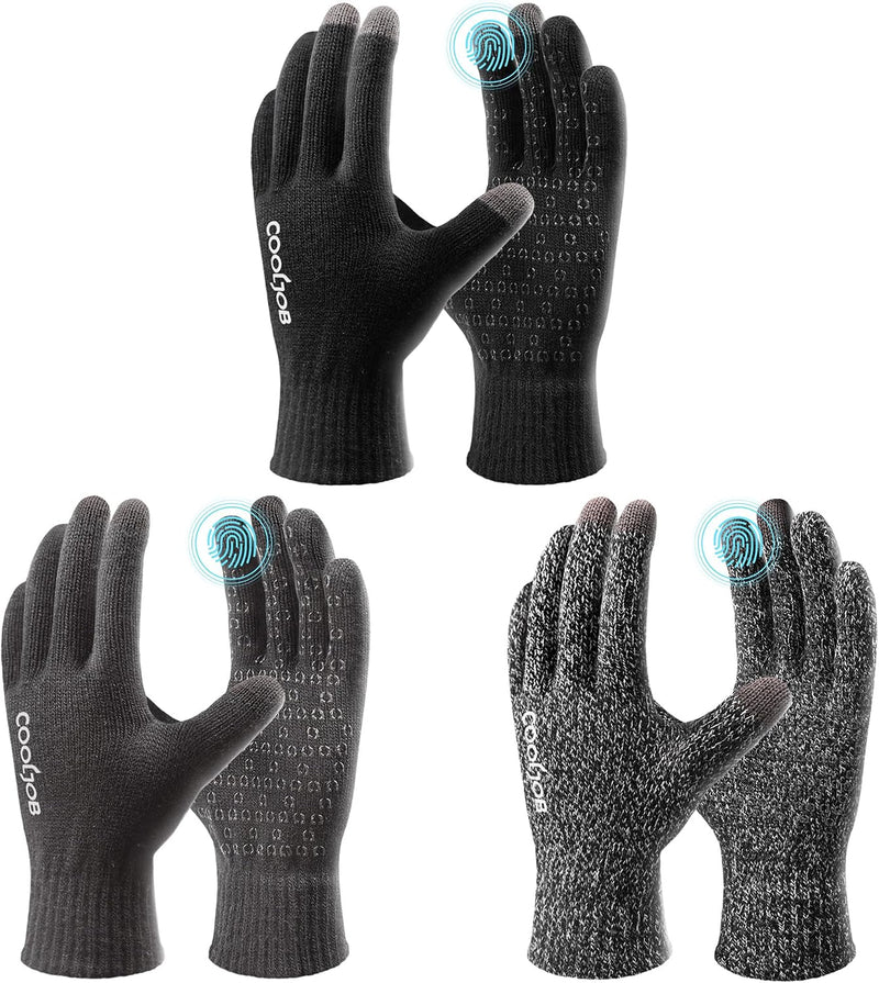 COOLJOB Warm Fleece Knit Winter Gloves for Men Women, Touch Screen Fingers, Non-slip Silicone Grip and Elastic Cuff Large (Pack of 3) Multicolor