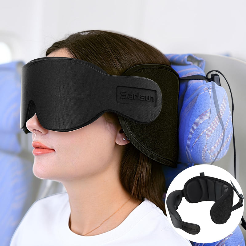 SARISUN Travel Pillow for Airplanes Sleep, Seat Strap for Stable Support Solid Black