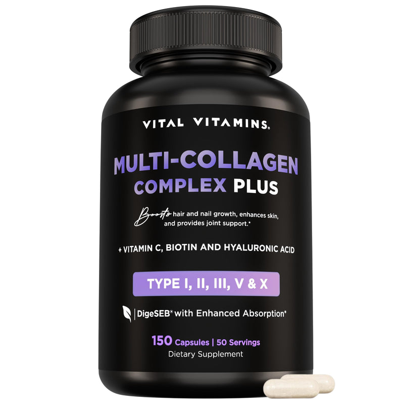 Vital Vitamins Multi Collagen Complex plus - with Biotin, Hyaluronic Acid, Vitamin C - Type I, II, III, V, X - for Women & Men - Hair, Skin, Nails