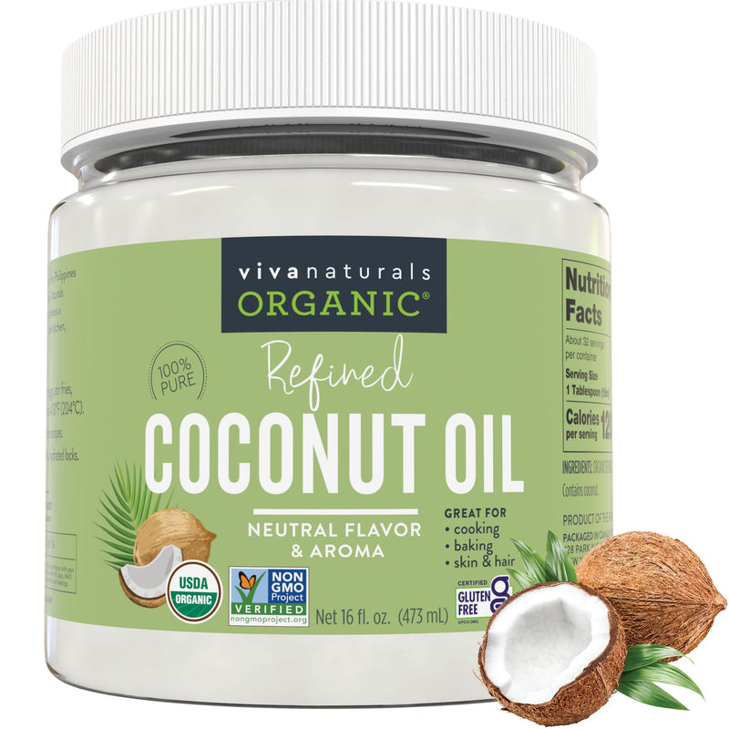Viva Naturals Refined Coconut Oil, 16 fl oz – Expeller-Pressed, USDA Organic, Neutral Flavor & Aroma, Ideal for Cooking, Baking, Hair & Skin