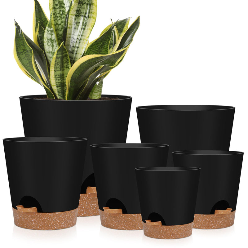 YNNICO Indoor Self Watering Planters with Drainage Holes and Saucers, 8, 7, 6.5, 6, 5.5, 5 Inches, Black, 6 Pots 8+7+6.5+6+5.5+5 inch Black