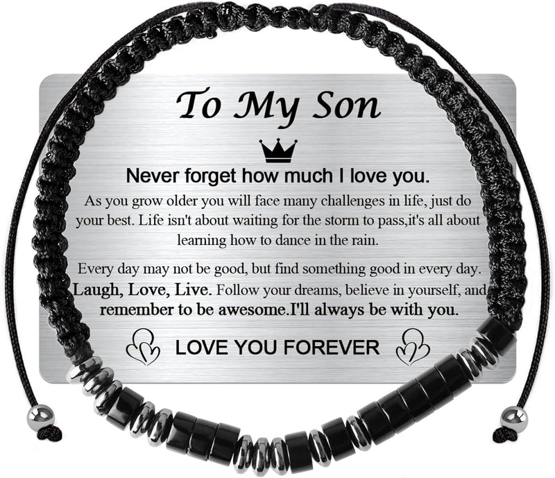 To My Son Bracelet from Mom,College Graduation Gifts for Son 2025,Morse Code Bracelets with Engraved Wallet Card,Adjustable Handmade Teens Boys