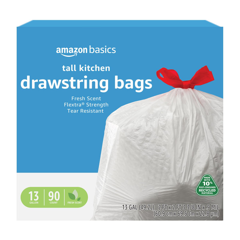 Amazon Basics 13 Gallon Tall Kitchen Drawstring Trash Bags, Flextra Strength, Tear Resistant, Puncture Resistant, 10% Post Consumer Recycled, 90