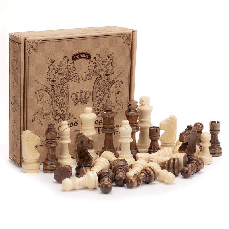 AMEROUS Wooden Chess Pieces Only, Staunton Style Wood Chessmen with 3.15" King - Storage Bag - Gift Packed Box, Tournament Chess Game Pawns for