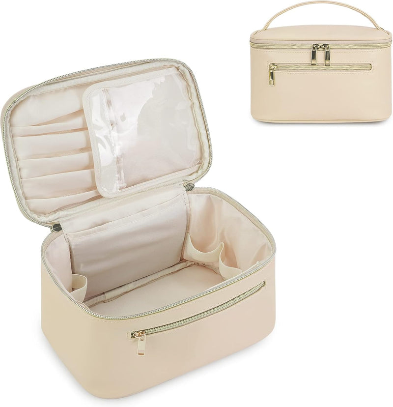 Wandering Nature Makeup Bag, Travel Make up Organizer Cosmetic Brush Bags Case for Women in Vegan Leather, Beige,Patent Pending