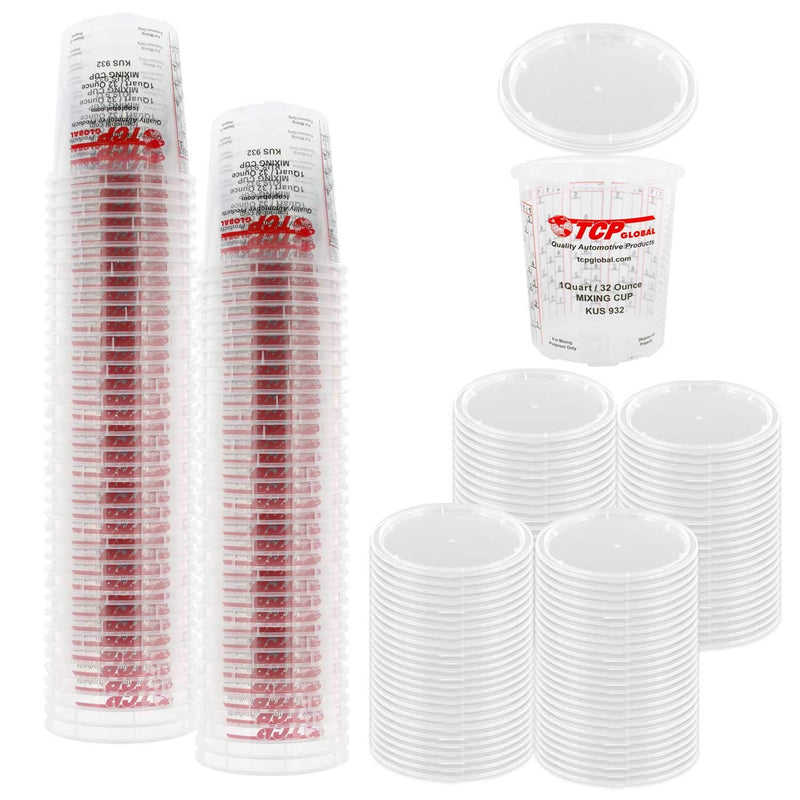 Custom Shop/TCP Global Full Case of 100 Quart (32oz) Paint Mixing Cups with 50 Lids - Cups are Calibrated with Multiple Mixing Ratios (1-1) (2-1)