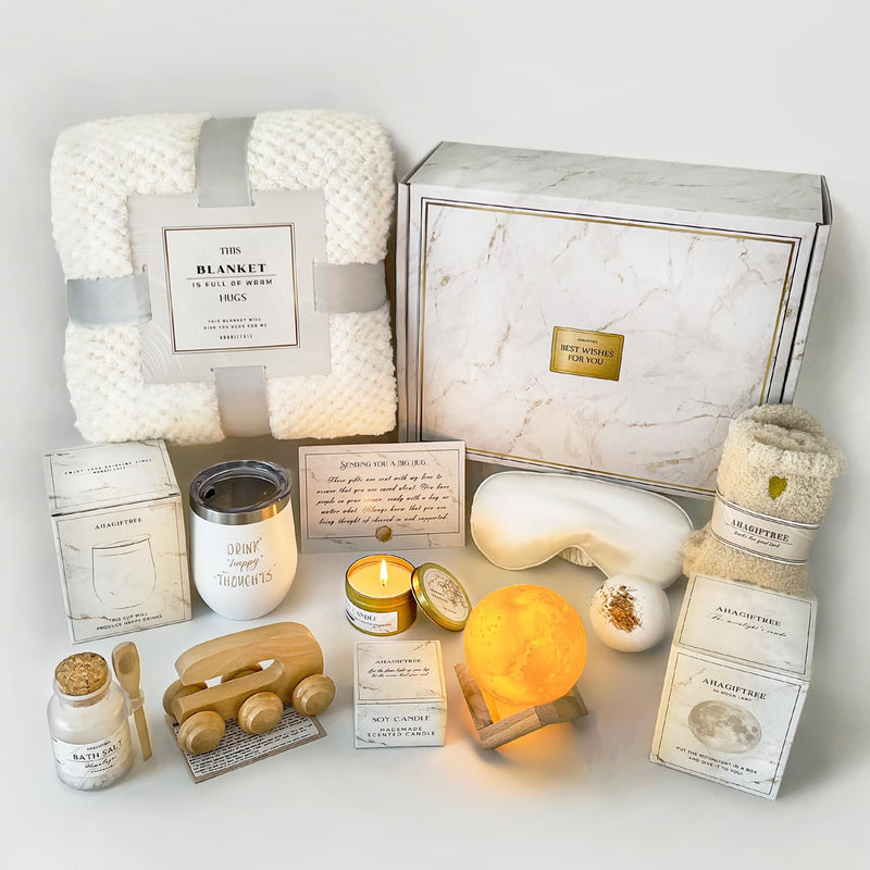 AHAGIFTREE Gift Baskets for Women,11PC Care Package with Moon Lamp,Grief,Get Well Soon After Surgery,Birthday,Think of You,Thank You,Sympathy white