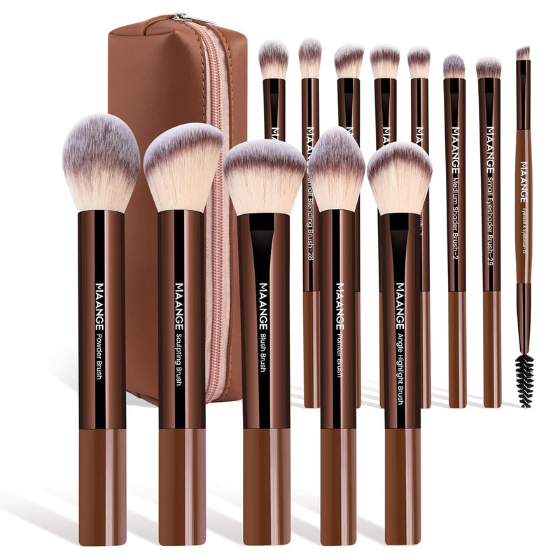 MAANGE 13 PCS Makeup Brushes Professional Make up Brushes Premium Synthetic Powder Concealers Brushes Travel Makeup Brush Set with Case (Coffee)