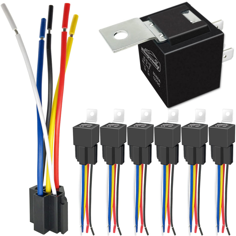 80/60Amp 12V 5-pin Relay Kit, SPDT 12-Volt Automotive Relay with Heavy-Duty Pigtail, 6-Pack 6 relays