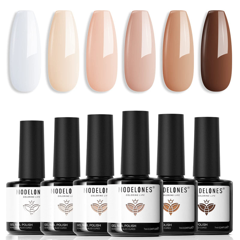Modelones Gel Nail Polish Set- 6 Colors White Nude Brown Gel Polish Skin Tone Neutral Beige Tan Taupe Nail Polish Kit Popular All Seasons Soak off