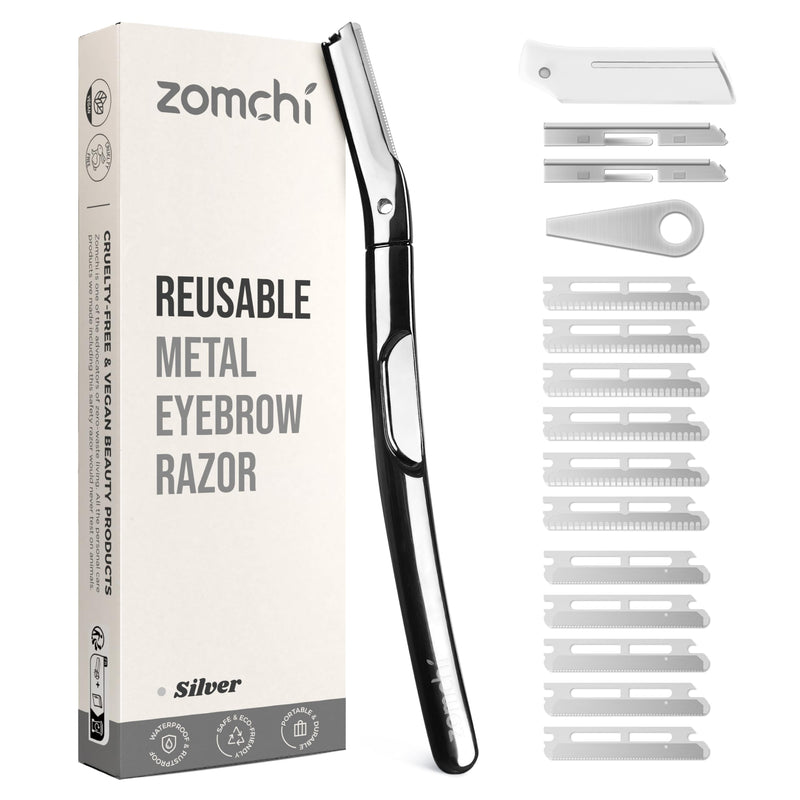 ZOMCHI Eyebrow Razor and Face Razor for Women and Men, Reusable Metal Handle with 11 Refill Blades, Dermaplane Razor with Protective Silicone Cap,