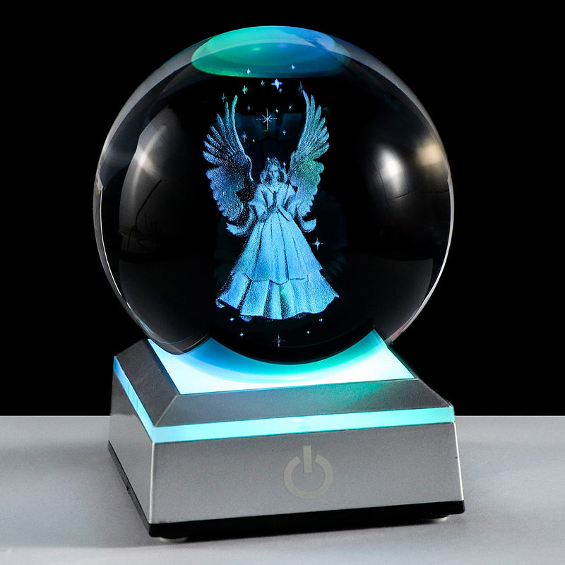 Ornalrist 3D Guardian Angel Figurines K9 Crystal Ball with Silver LED Base Memorial Angel Gifts for Friends Women Glass Decor for Home (3.15 in.)