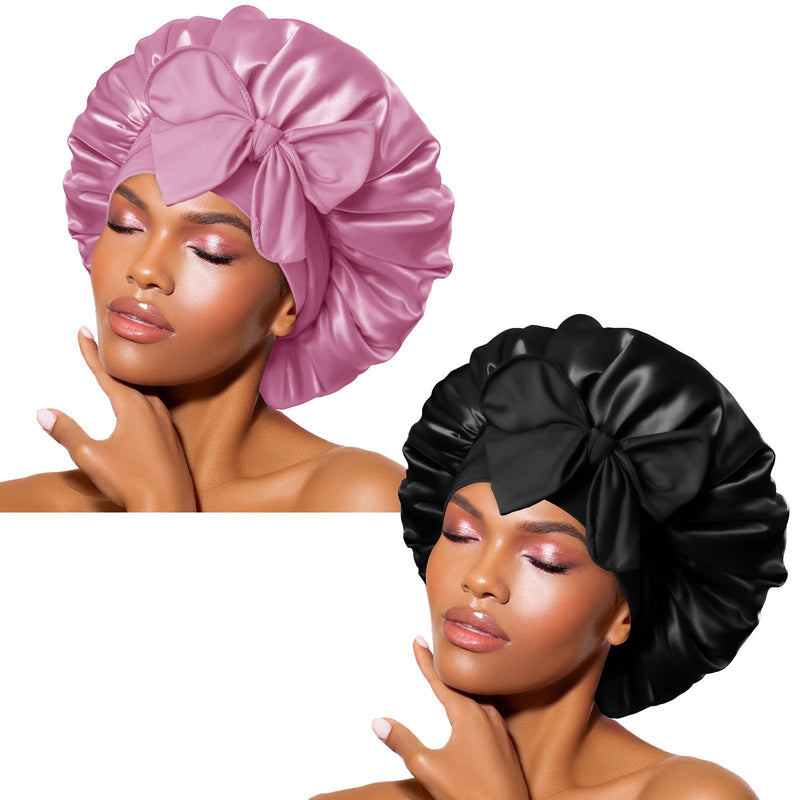 BONNET QUEEN Silk Bonnet for Sleeping Women Satin Bonnet Night Sleep Cap Wrap for Curly Hair with Adjustable Tie Band, Single Layer, Black+Rose