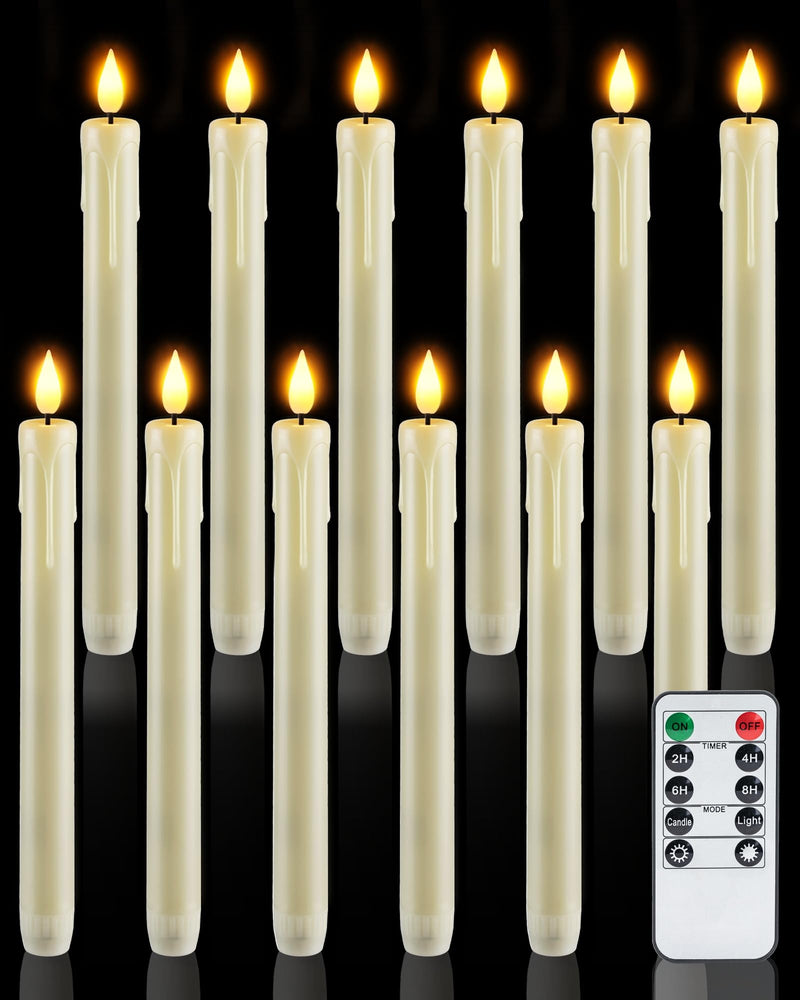 Homemory 12 Pcs Plastic Flameless Taper Candles with Remote Timer Dimmer, Ivory Led Candlesticks with Flickering Flame Light, Lifelike Taper