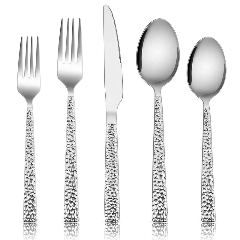 E-far Hammered Silverware Set for 8, 40 Pcs Stainless Steel Flatware Set | Includes Forks/Spoons/Dinner Knives, Cutlery Set for Home, Party,