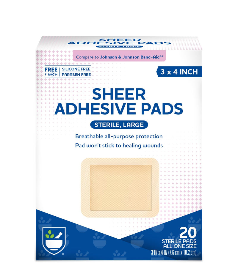 Rite Aid Sheer Adhesive Bandages with Sterile Non Stick Pad, 3" x 4" - 20 Count | Wound Care/First Aid Supplies | Bandage Wrap | Medical Tape for