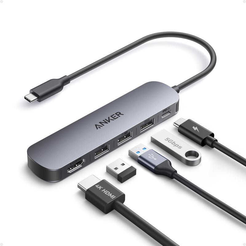 Anker USB C Hub 5-in-1 USB Hub for Laptops, 4K HDMI USB-C Multiport Adapter | 90W Max Power Delivery, 3 USB A Data Ports USB C Dongle, Compact for