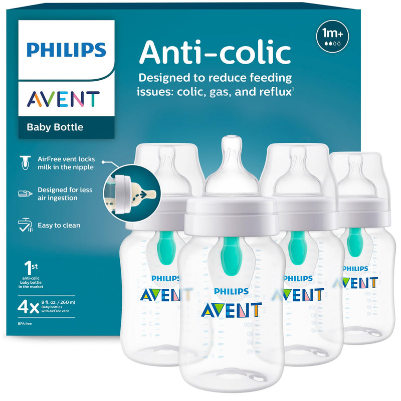 Philips Avent Anti-Colic Baby Bottle with AirFree Vent, Medium Flow 2 Nipple, 1m+, 9oz, 4 Pack, Clear, SCY703/04 Clear 4 Count (Pack of 1) 9 Ounce