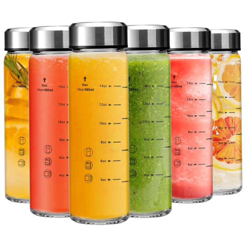 16oz Juice Bottles - 6 Pack Wide Mouth Glass Bottles with Lids- BPA Free, Stainless Steel Lids for Juicing, Smoothies, Infused Water, Beverage