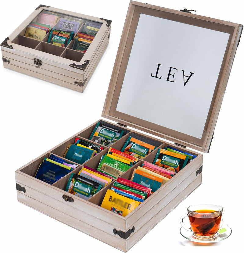 Gray 9 Compartment Rustic Tea Box Organizer for Tea Bags Coffee Pod | 9 compartment rustic gray tea box organizer holds tea bags coffee pods