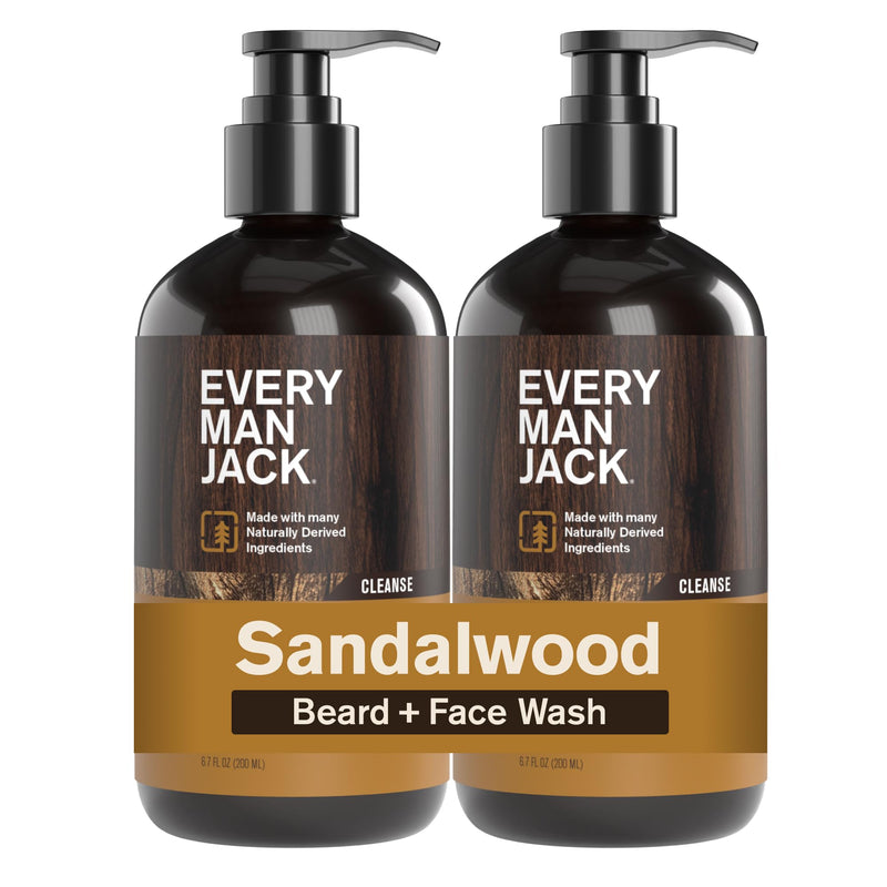 Every Man Jack Beard + Face Wash - Sandalwood Scent - Gently cleanse skin and soften beard - Made with Glycerin and Aloe - 6.7 fl. oz (2 Pack)