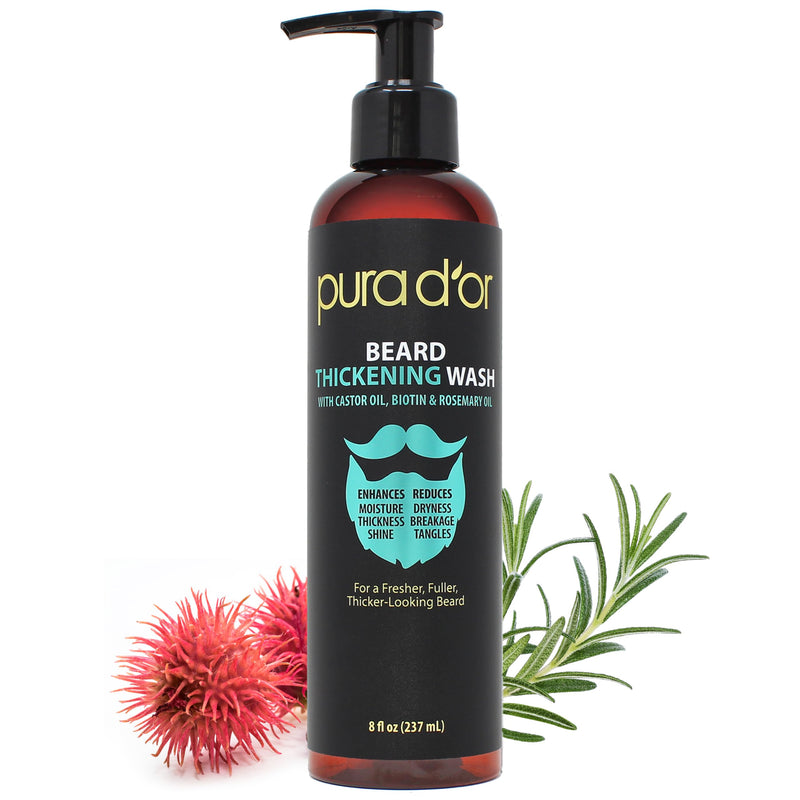 PURA D'OR 8 Oz Thickening Beard Wash - Biotin & Castor Oil Formula with Rosemary - Helps Enhance Moisture, Thickness & Shine, Helps Reduces