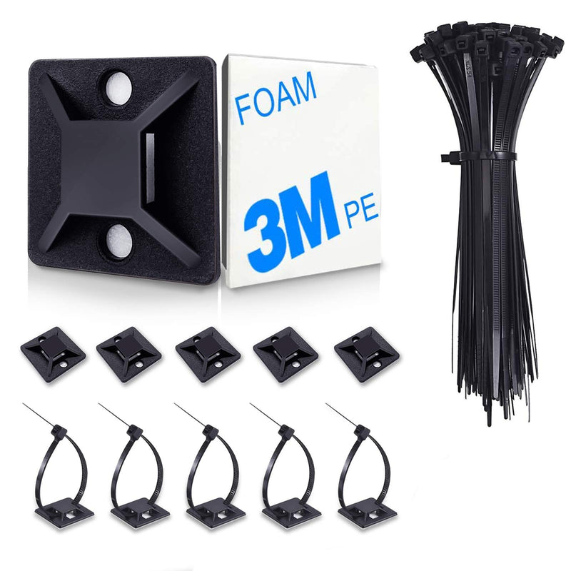 HUASAI 4/5" 100 Pack Zip Tie Mount With Cable Ties,Self Adhesive-backed Mounts for Wire Holder, Black Cable Management Clips Wall Anchors 4/5 inch