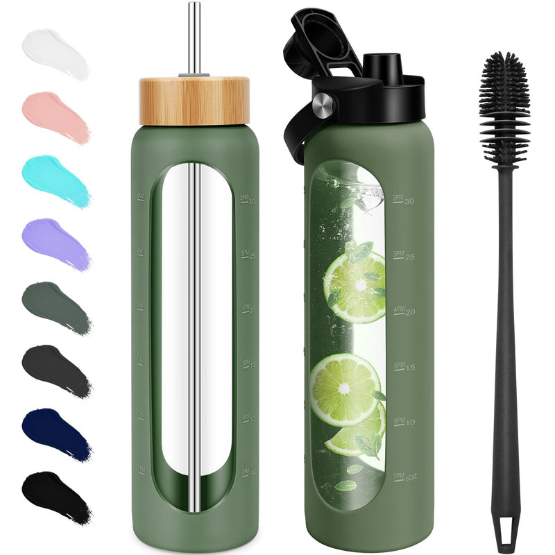 FULBEVY 32 oz Glass Water Bottles - 1 Liter Motivational Tumbler Water Bottle Time Marker - Borosilicate Glass Water Bottle With Silicone Sleeve