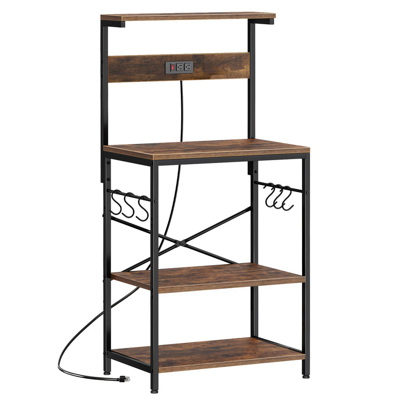 SUPERJARE Kitchen Bakers Rack with Power Outlet, Coffee Bar Table 4 Tiers, Kitchen Microwave Stand with 6 S-shaped Hooks, Storage Shelf Rack for