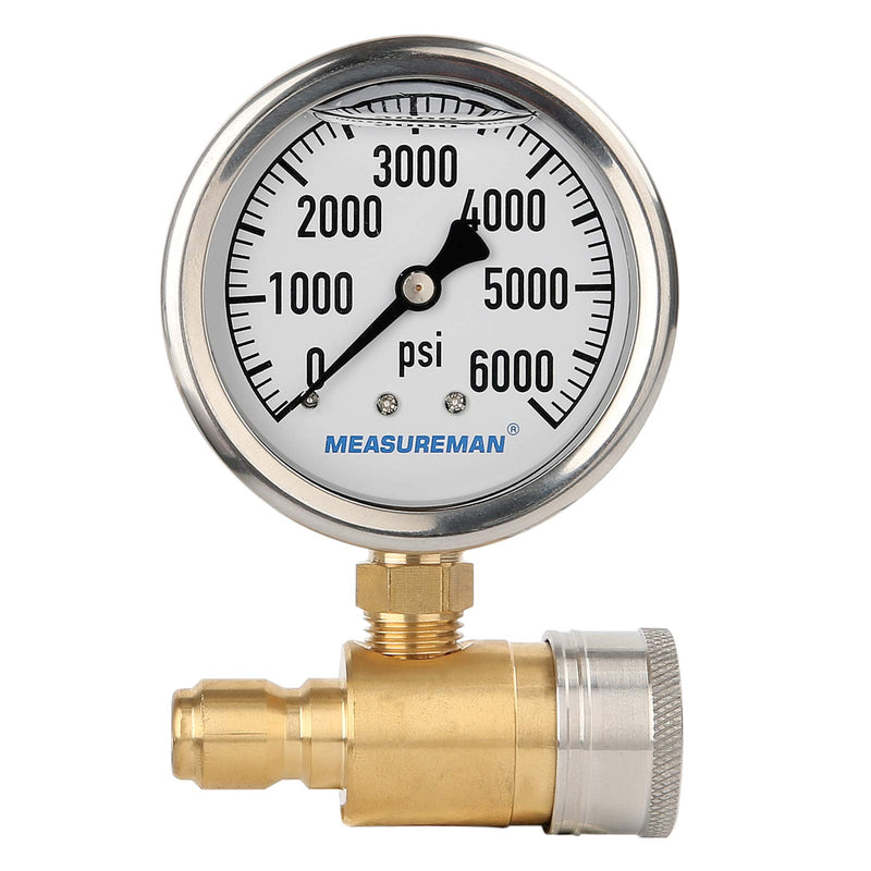 Measureman 2-1/2" Pressure Washer Gauge, Pressure Gauge Kit, 3/8 Inch Quick Connect, 0-6000 PSI, Glycerin Filled 0-6000 PSI (Brass)