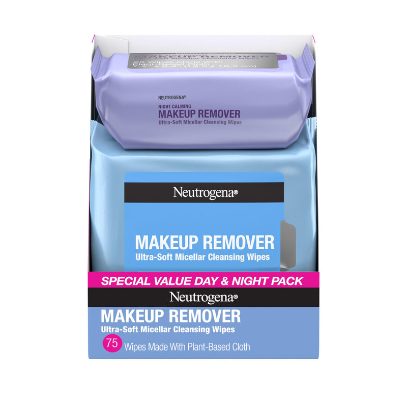 Neutrogena Day & Night Facial Cleansing Wipes, Makeup Remover Face Cleansing Towelettes & Night Calming Facial Cloths, 100% Plant Based Fibers