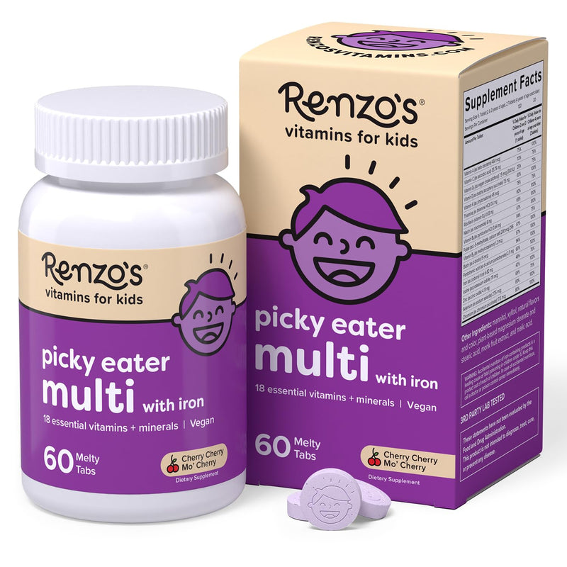 Renzo'S Picky Eater Kids Multivitamin with Iron, Dissolving Kids Vitamins with Vitamin D3 & K2 and More, 60 Sugar-Free Melty Tabs, Cherry MoâÂÂ