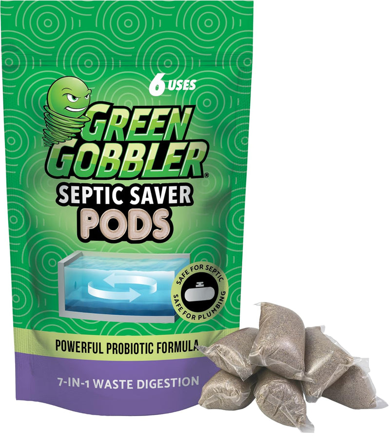 Green Gobbler Septic Tank Enzyme Treatment Packets, 6 Month Supply - Powerful & Natural Bacteria to Prevent Costly Septic Issues, Back-Ups 6 Pods