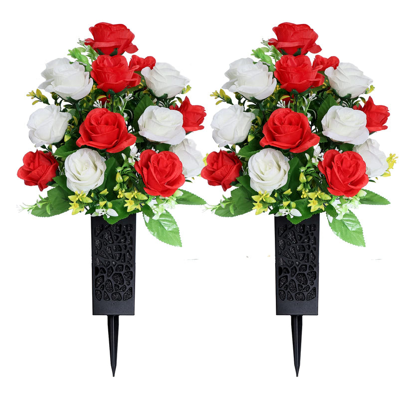 LVXINLI 2 Sets Artificial Cemetery Flowers,Memorial Flowers,Beautiful Arrangements for Headstones,Black Plastic vase with Drainage Hole Long