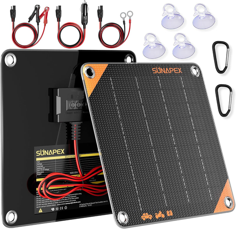 SUNAPEX 5W 12V Solar Panel Battery Charger Maintainer, Portable Waterproof Solar Trickle Charger with Built-In Charge Controller, Cig Plug,