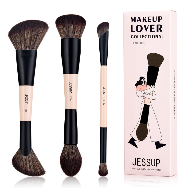 Jessup Face Makeup Brushes 3pcs Double Ended Makeup Brush Set for Foundation Contour Blush Highlight and Powder, Premium Synthetic Make up Brushes