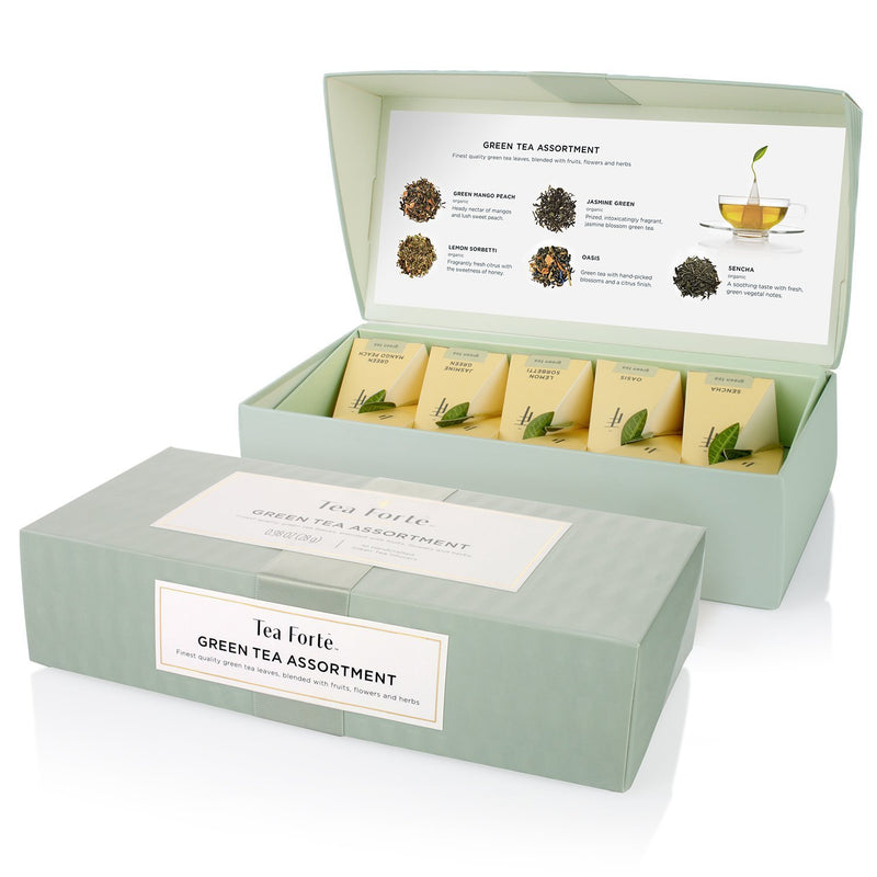 Tea Forte Assorted Green Tea Petite Presentation Box Tea Gift Set Sampler, 10 Count, 2 of Each Variety Individually Wrapped Handcrafted Pyramid