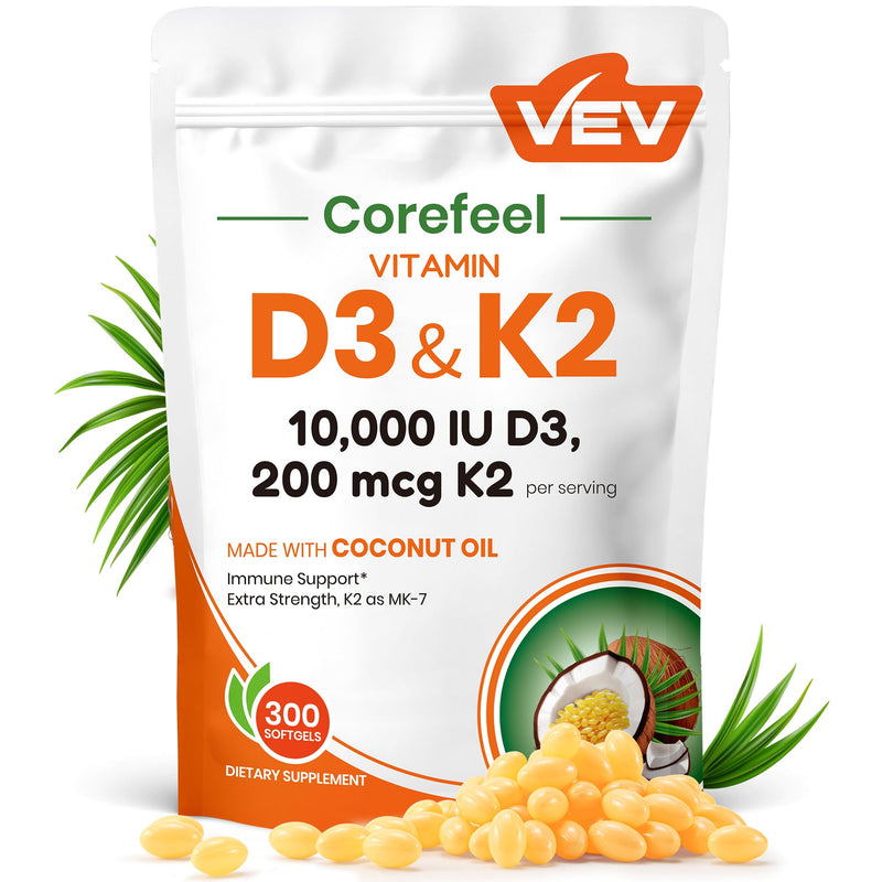 VEV Corefeel Vitamin D3 K2 10,000 IU, 200 mcg MK-7, 300 Coconut Oil Softgels, 2 in 1 Vitamins Supplement D & K (Include MK7), Easy to Swallow,