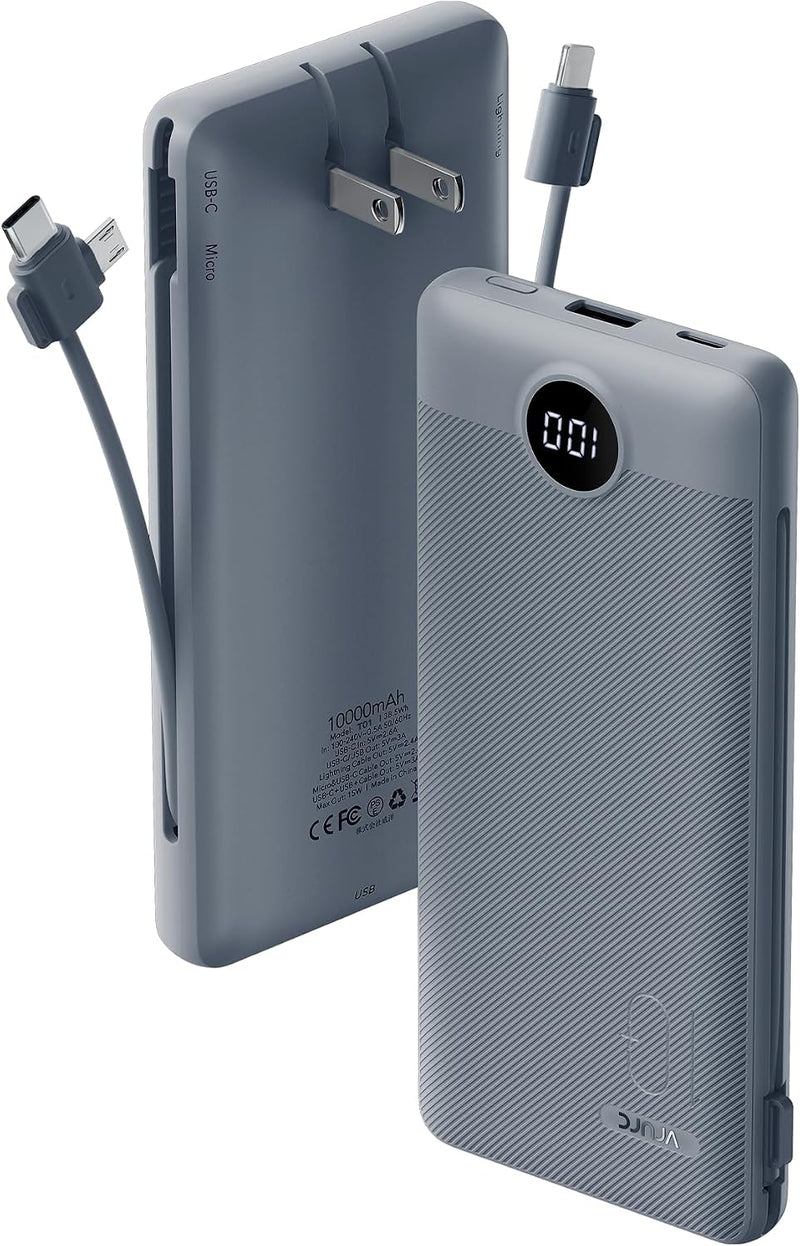 VRURC Portable Charger Built-In Cables and AC Wall Plug, USB C Power Bank 10000Mah, Travel Battery Portable Phone Charger Compact Lightweight