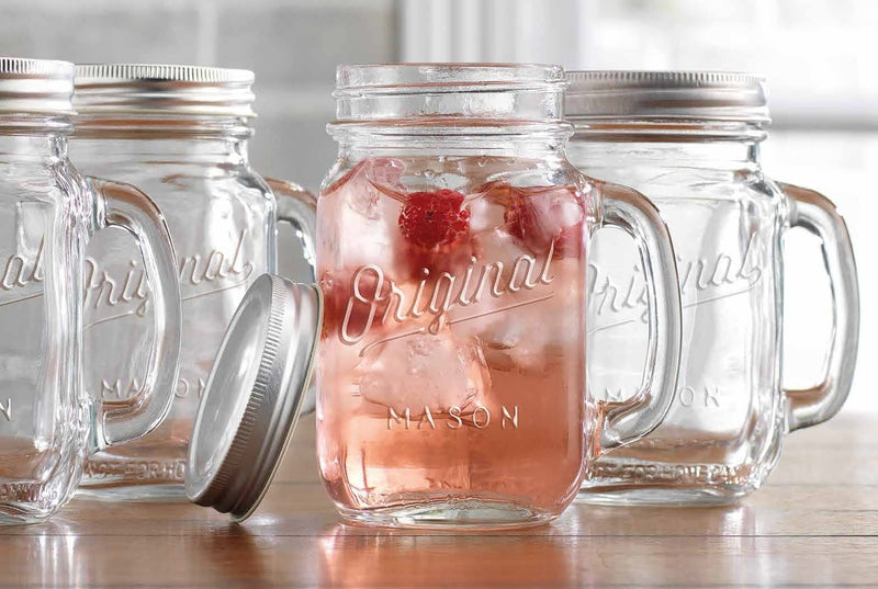 Glaver's Mason Jar 16 Oz. Glass Mugs with Handle and Lid Set Of 4 - Home Essentials & Beyond - Old Fashioned Drinking Glass Bottles Original Mason